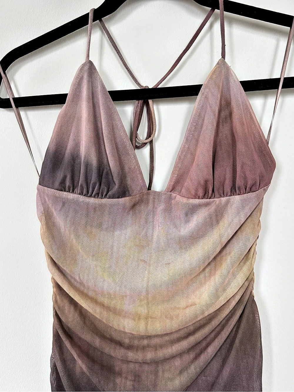Pull&Bear Mauve Mesh Ruched Ruffle Mini Dress Size M - Picture 3 of 7